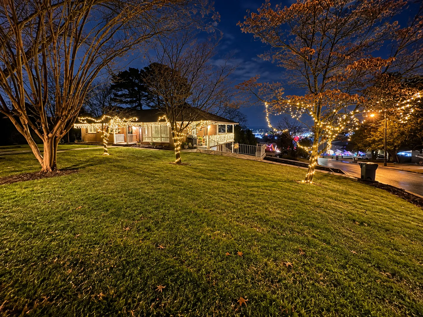 Mamre House from the street, decorated for Christmas